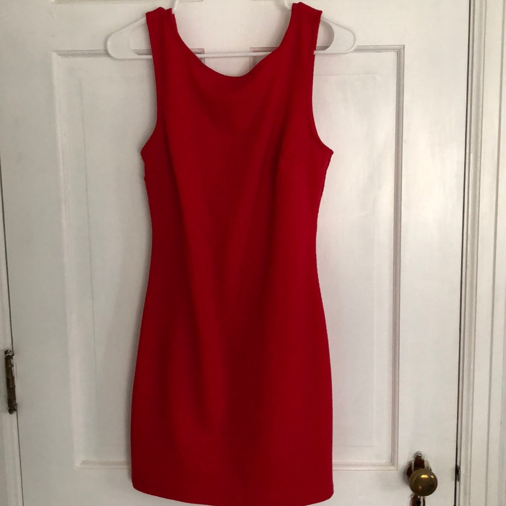 Red cocktail dress with V back opening and bow